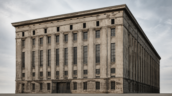 Illustration av Berghain-byggnaden i Berlin med den karakteristiska industrifasaden