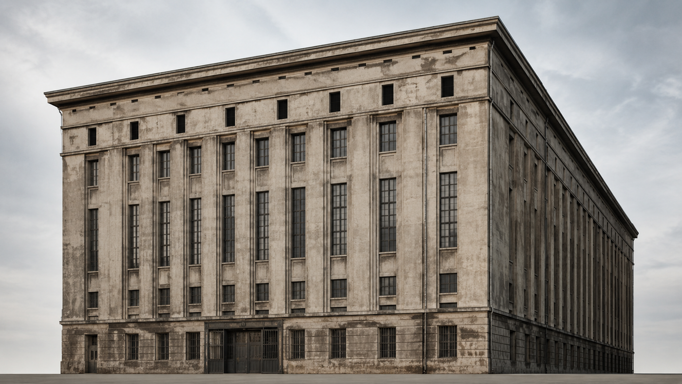 Illustratie van het Berghain-gebouw in Berlijn met de karakteristieke industriële gevel