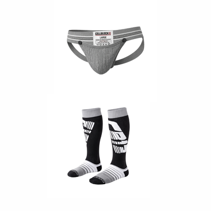 CELLBLOCK 13 Confezione multipla di sospensorio Tight End da 2 pollici con chiusura a scatto + calze al ginocchio Velocity 2.0, grigie
